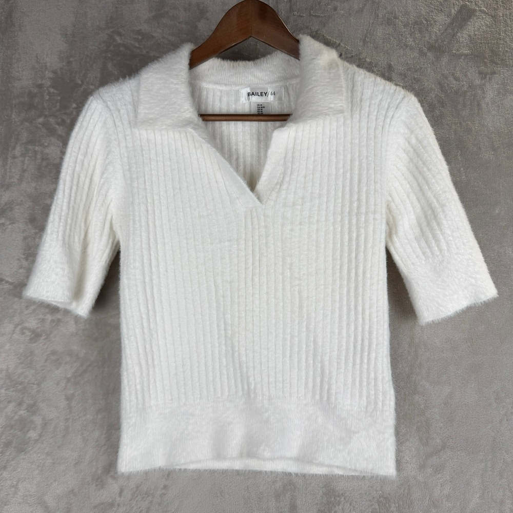 Bailey 44 Womens Ivory Fuzzy Ribbed Short Sleeve Polo V-Neck Sweater Size M
